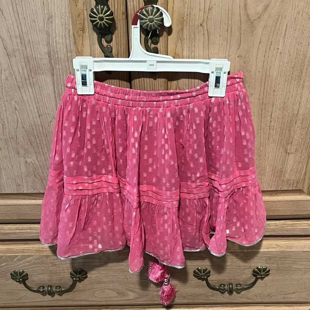 ROCOCO SAND Orlean Short Mini Skirt in Pink. Size XS. Pom Pom tassels.